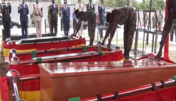 The last six victims of Ghana’s August 6 helicopter crash were buried with military honours in Accra, as President Mahama announced posthumous promotions and support for their families.