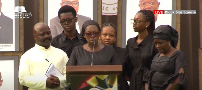 At a solemn state funeral, Rita Omane Boamah delivered an emotional tribute to her late husband, Defence Minister Dr. Edward Kofi Omane Boamah.
