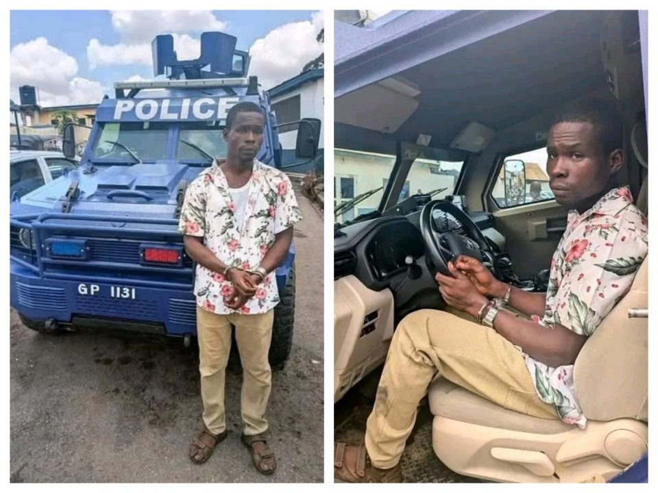 A 26-year-old suspect is in custody after allegedly stealing a Ghana Police armoured vehicle at Nkawie Market and being tracked to Mim.