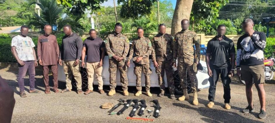 Police arrest 10 in Adamorobe over illegal arms tied to chieftaincy dispute; rifles, ammo and vehicles seized during operation.